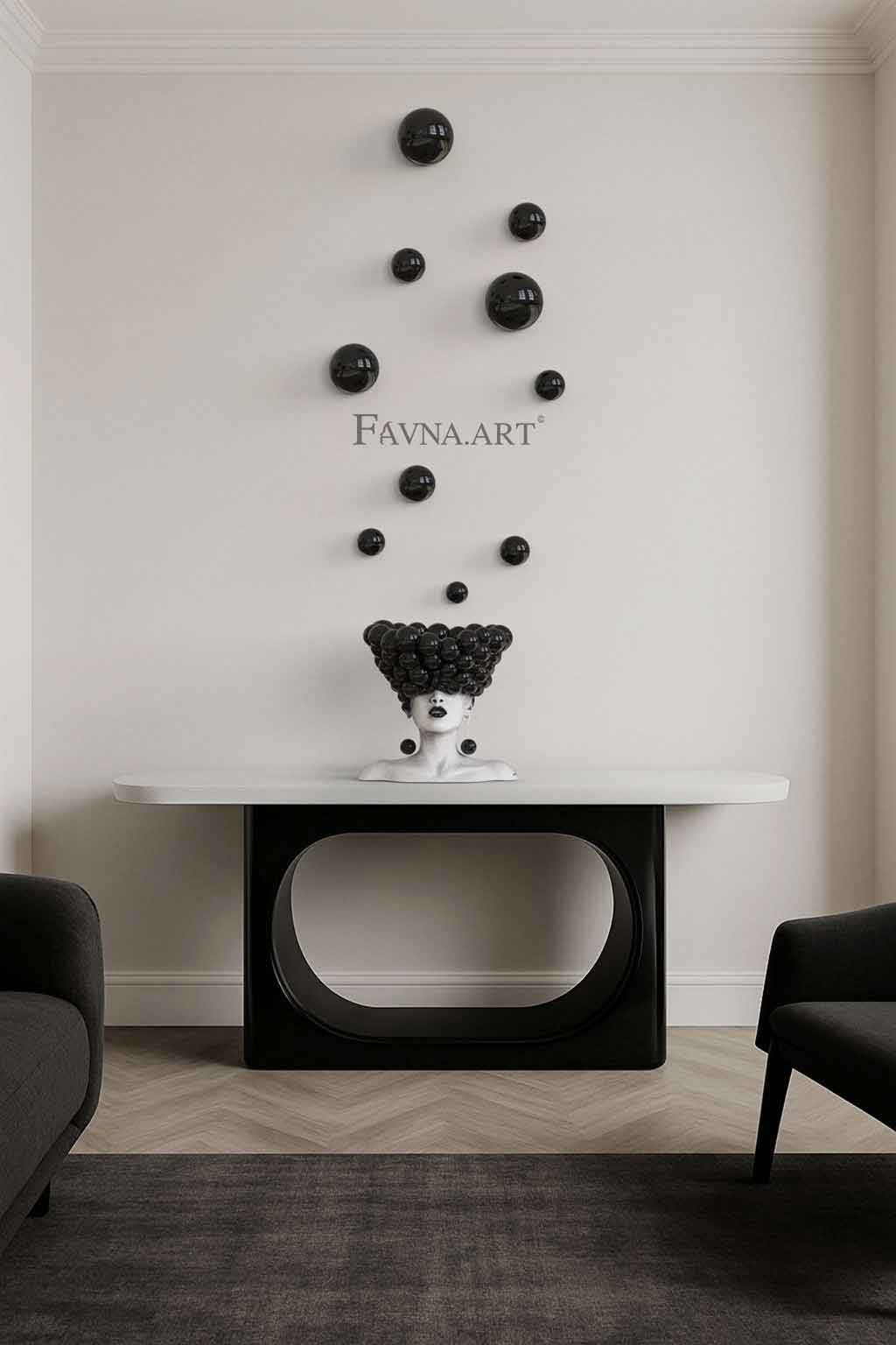Conceptual Art Composition “Thoughts”, Black Wall Art- Sculpture and wall-mounted spheres