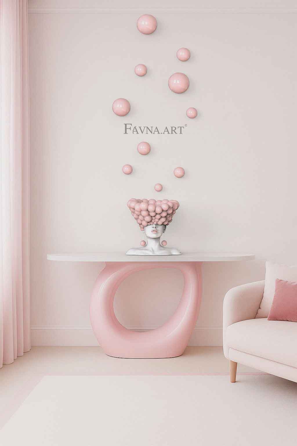Conceptual Art Composition “Thoughts”, Wall Art- Sculpture and wall-mounted half-spheres in sky pink colour.