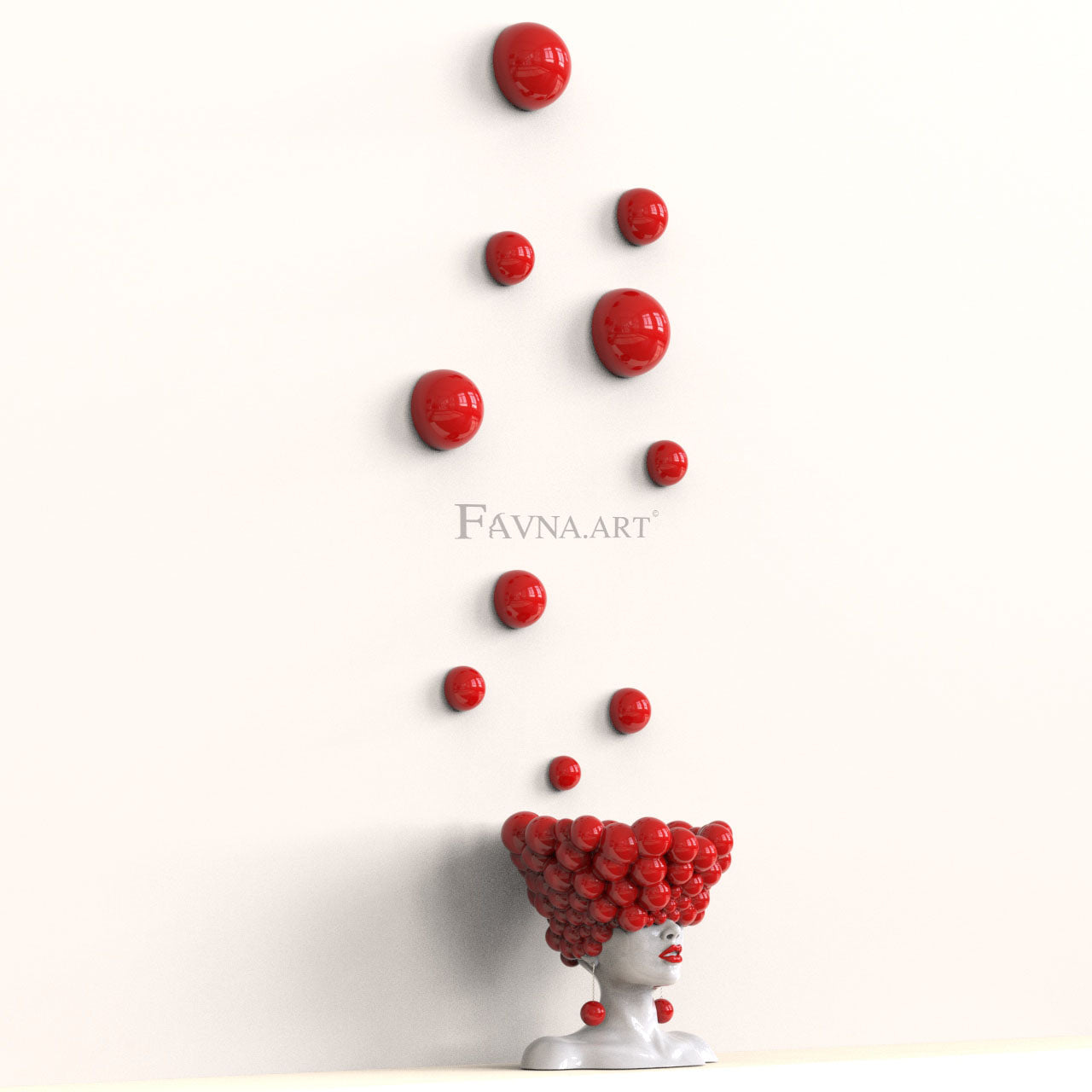 Conceptual sculpture "Thoughts" with bubble wall art – Artistic composition set for living room, red polka dots interior design