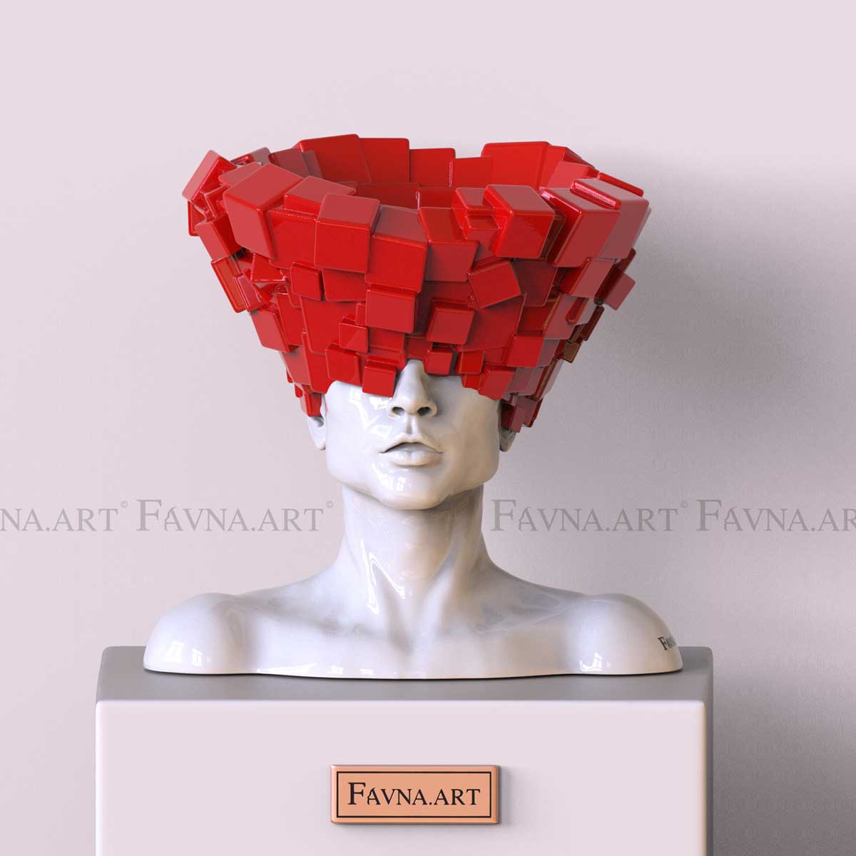 Male Bust Sculpture “Thoughts” – Red & White, handmade in Italy | FAVNA.ART