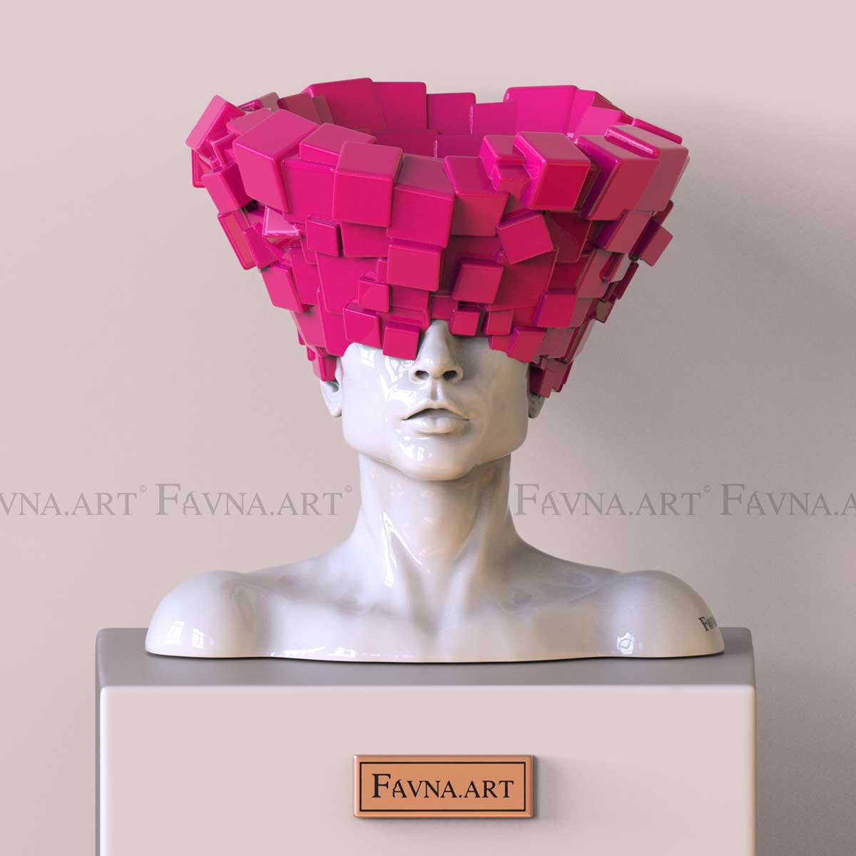 Male Bust Sculpture “Thoughts” – Pink, in a modern interior | FAVNA.ART
