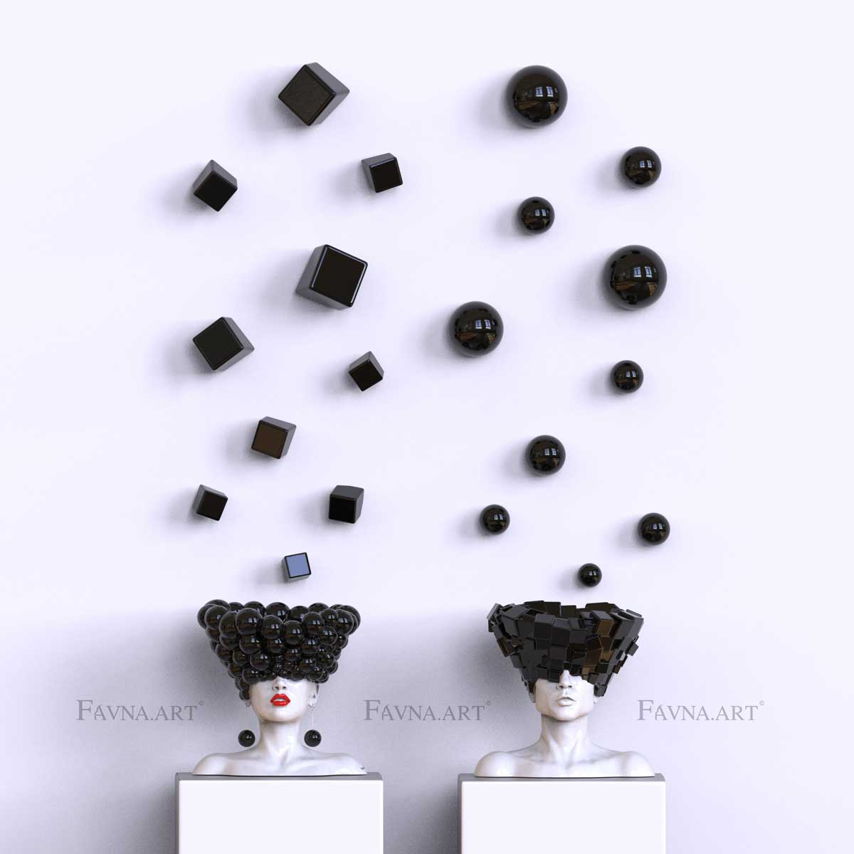 Conceptual Art Object “Thoughts” — Man and Woman Sculptures with Wall Art Spheres and Cubes black