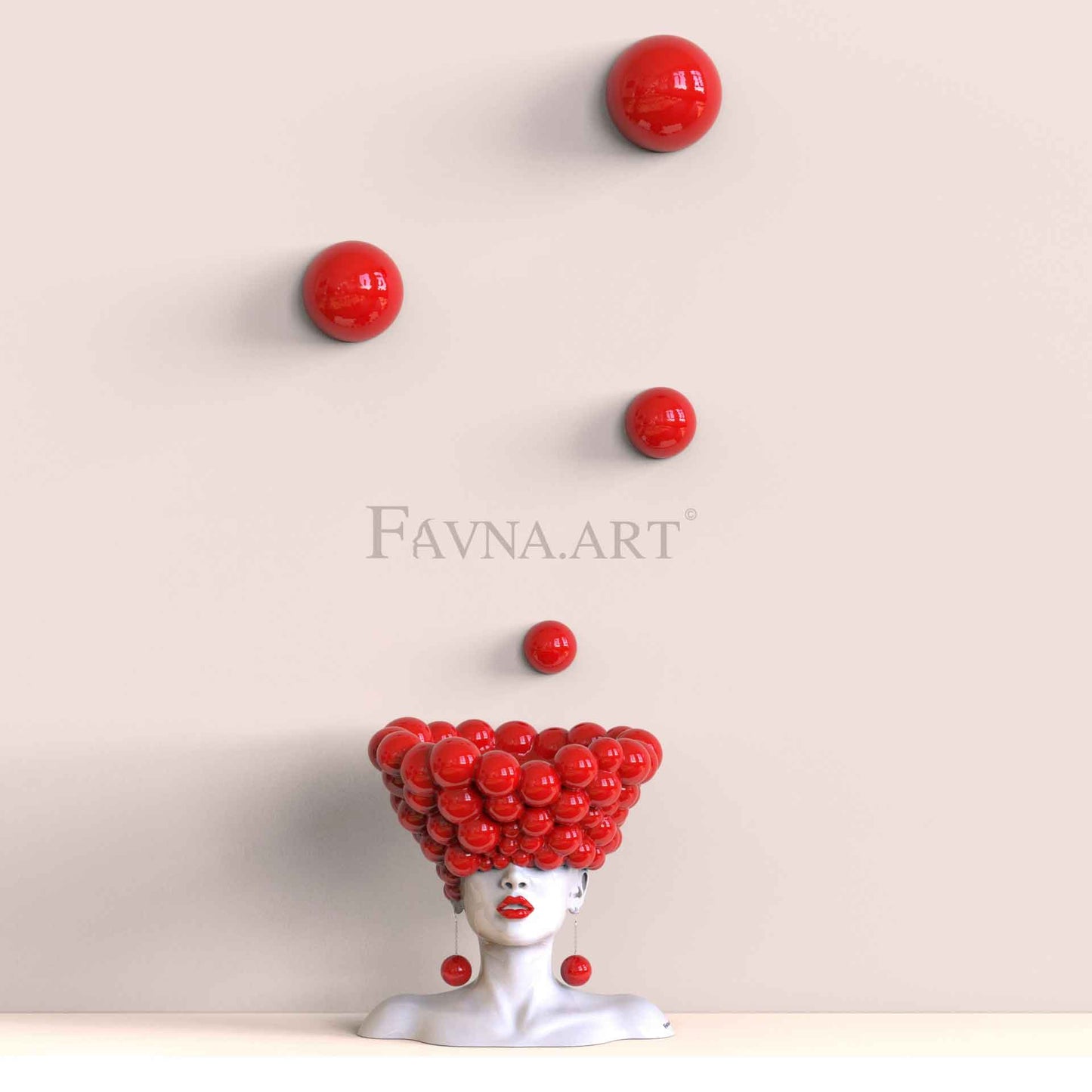 Conceptual sculpture "Thoughts" with bubble wall art – Artistic composition set for living room, red polka dots interior design