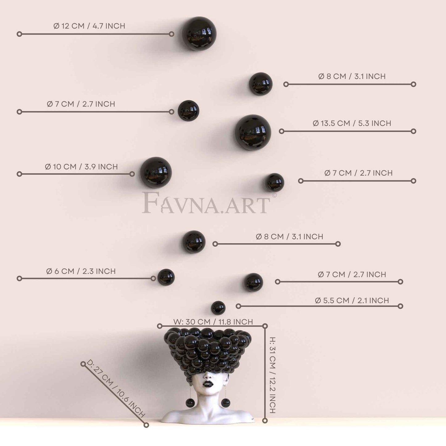 Conceptual Art Composition “Thoughts”, Black Wall Art- Sculpture and wall-mounted spheres