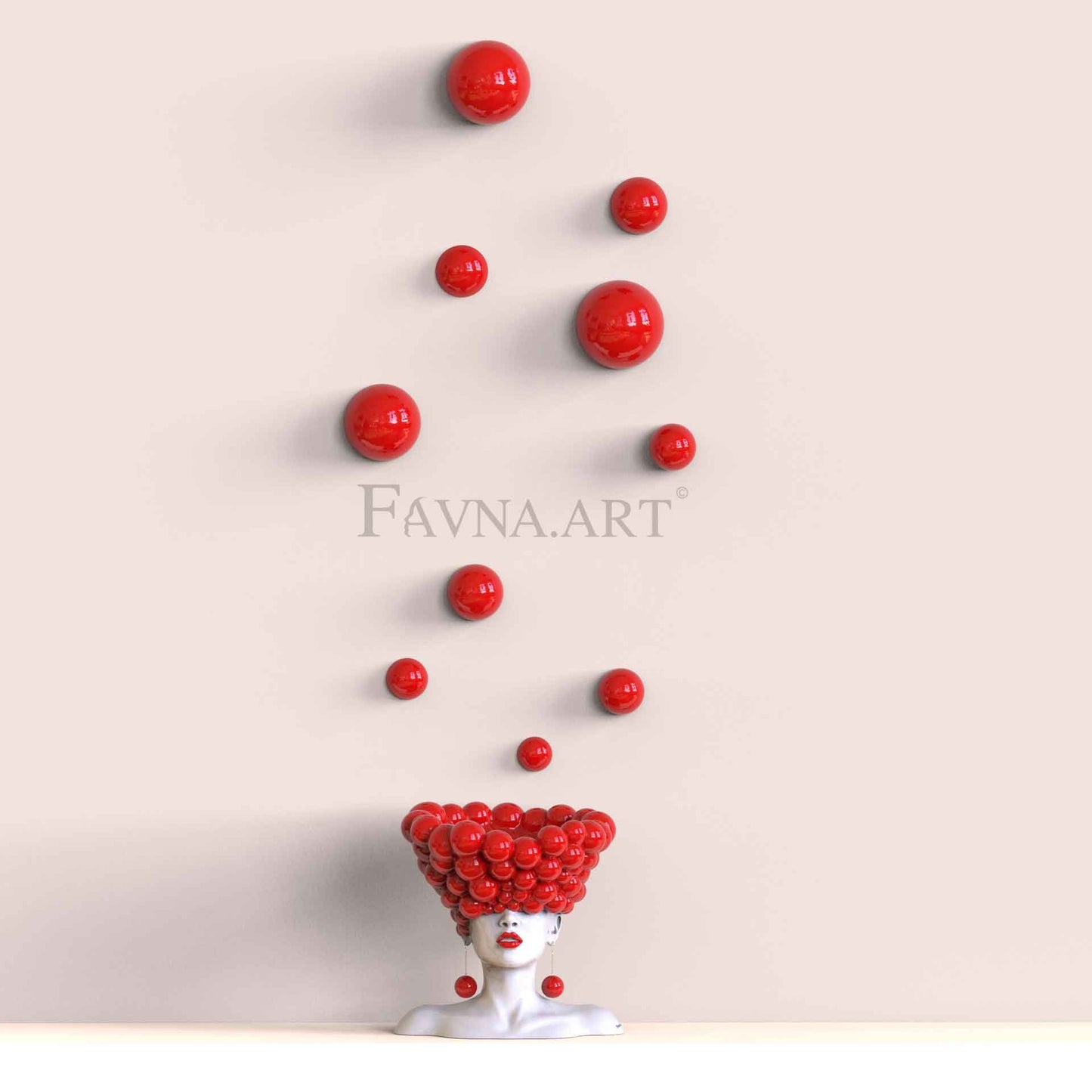 Conceptual sculpture "Thoughts" with bubble wall art – Artistic composition set for living room, red polka dots interior design