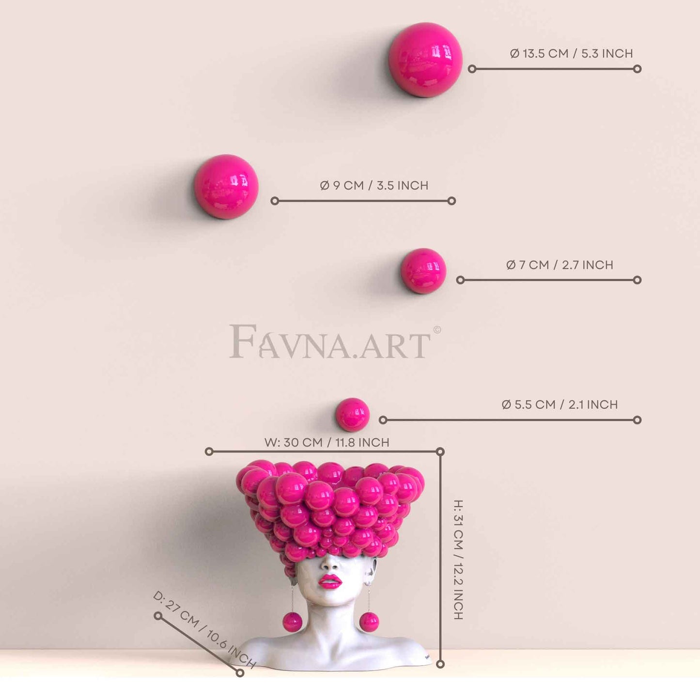Conceptual Sculpture “Thoughts” with Wall Spheres – Modern Pink Art for Home Decor, Made in Italy