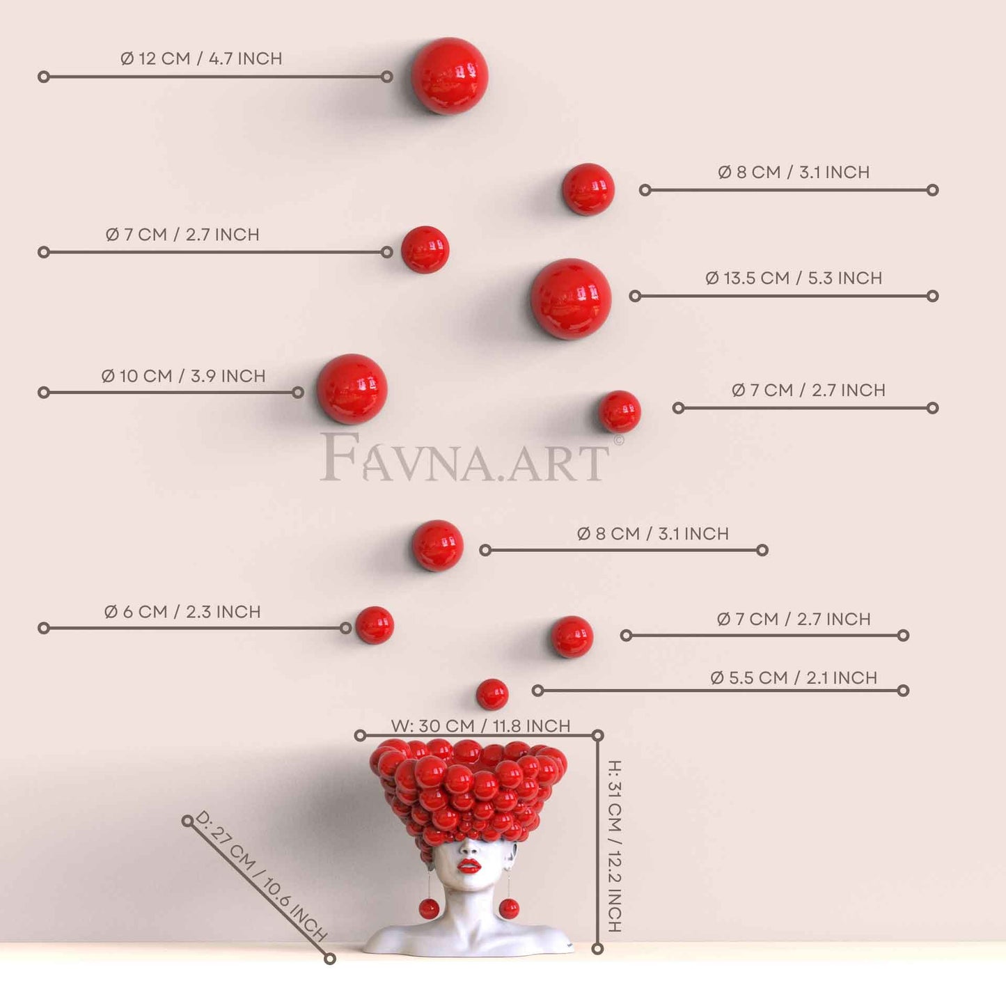 Conceptual sculpture "Thoughts" with bubble wall art – Artistic composition set for living room, red polka dots interior design