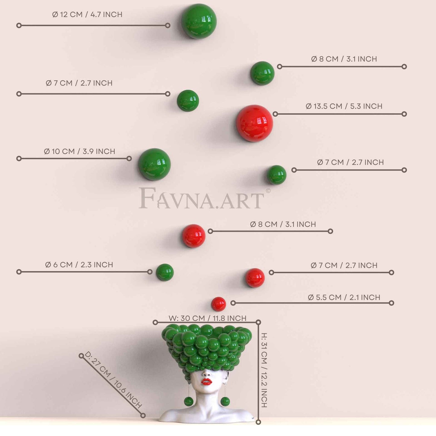 Conceptual Art Composition “Thoughts”, Wall Art- Sculpture and wall-mounted half-spheres green