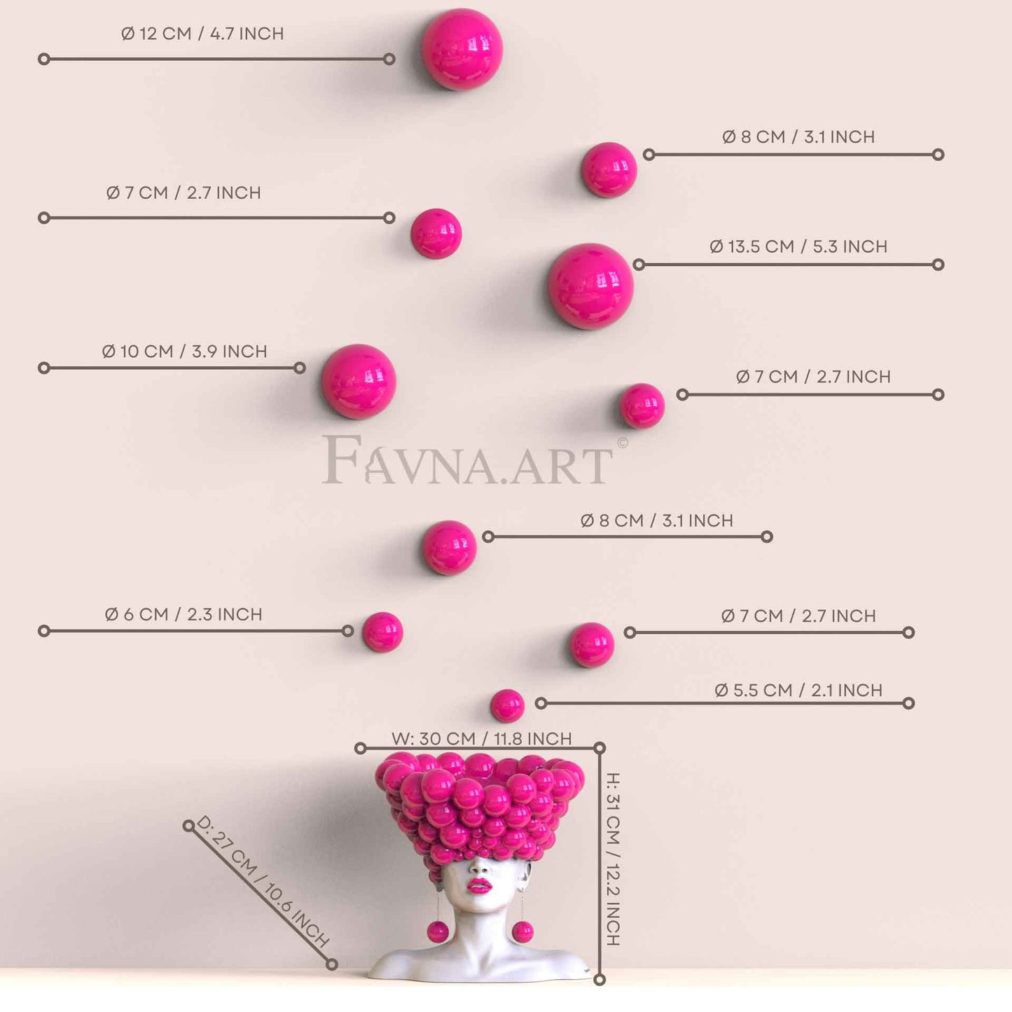 Conceptual Sculpture “Thoughts” with Wall Spheres – Modern Pink Art for Home Decor, Made in Italy