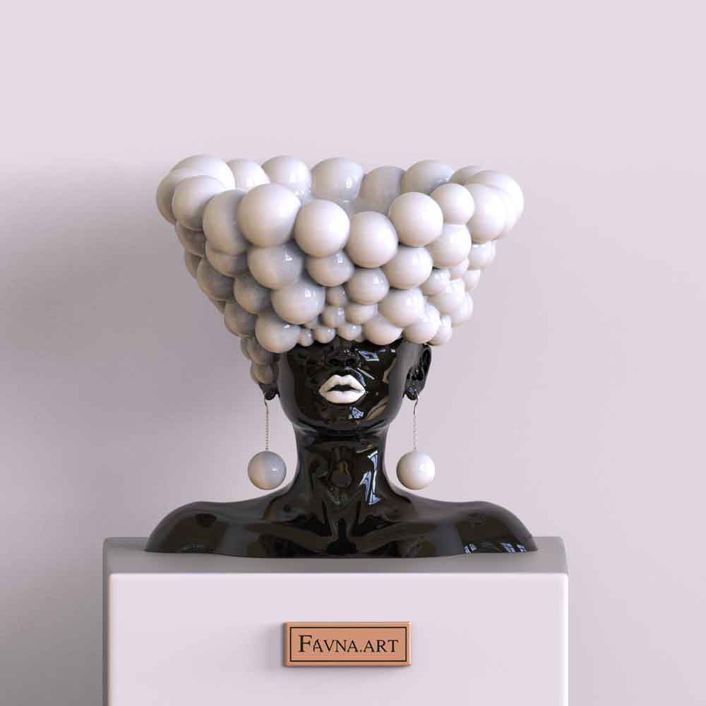 Interior designed glossy globes lady statue "Thoughts" in vibrant black and white color by FAVNA ART.