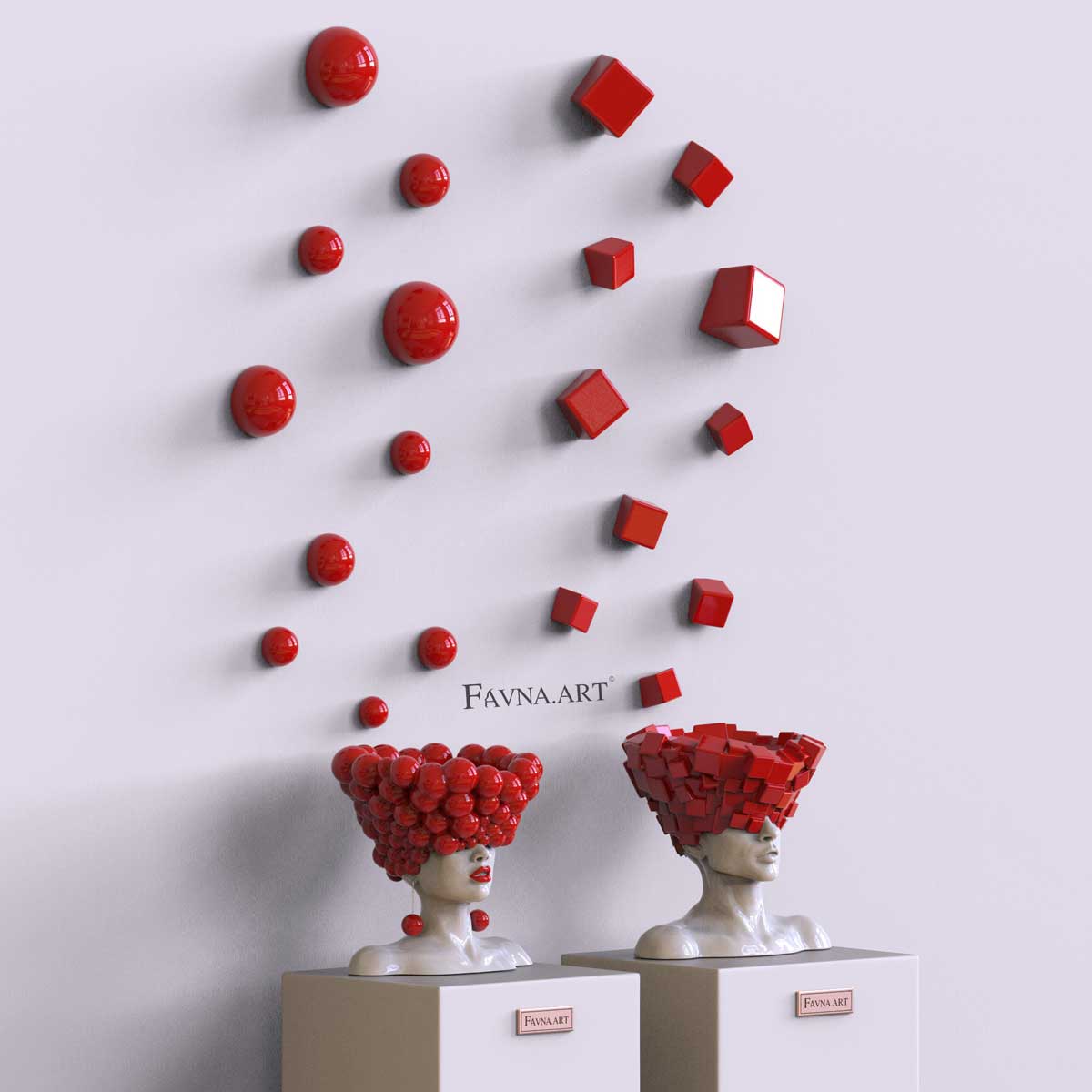 Conceptual Art Object “Thoughts” — Man and Woman Sculptures with Wall Art Spheres and Cubes red