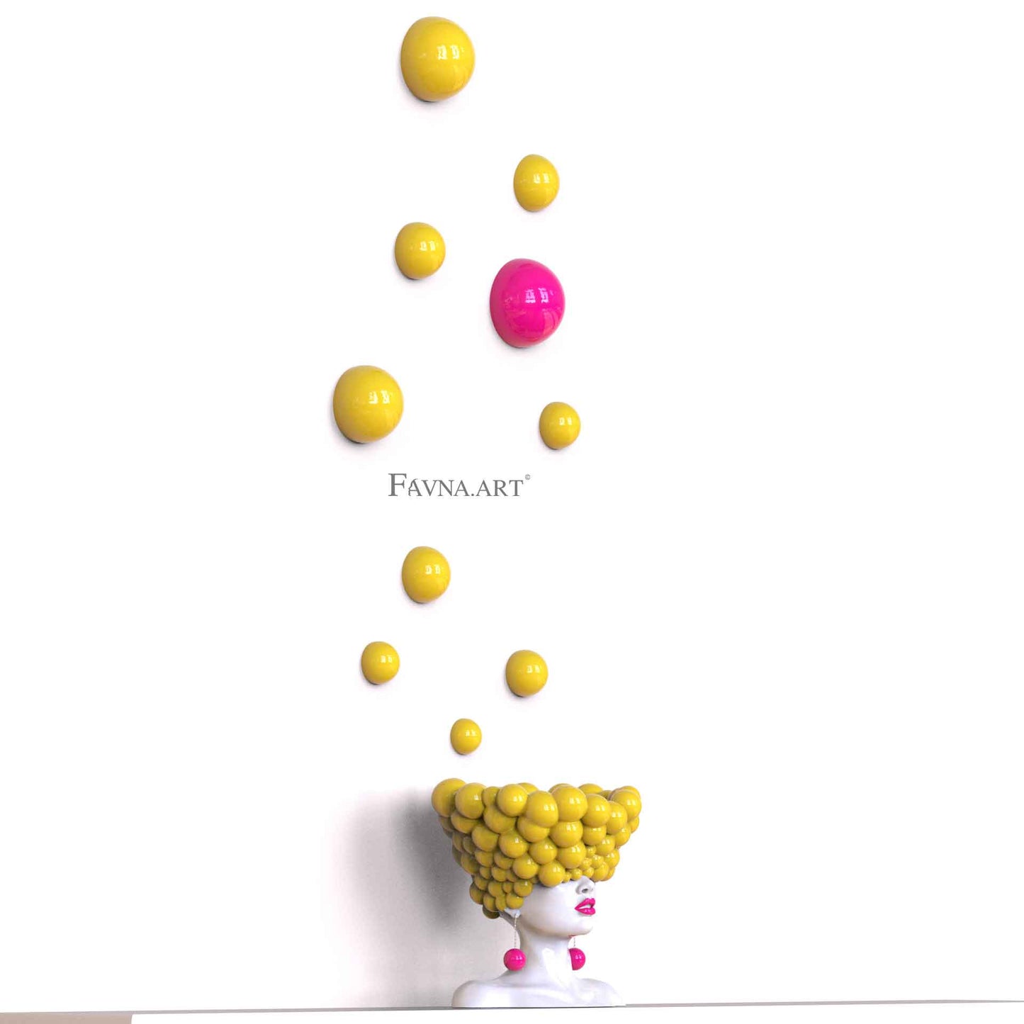 Contemporary female sculpture with yellow & pink wall art hemispheres "Thoughts"