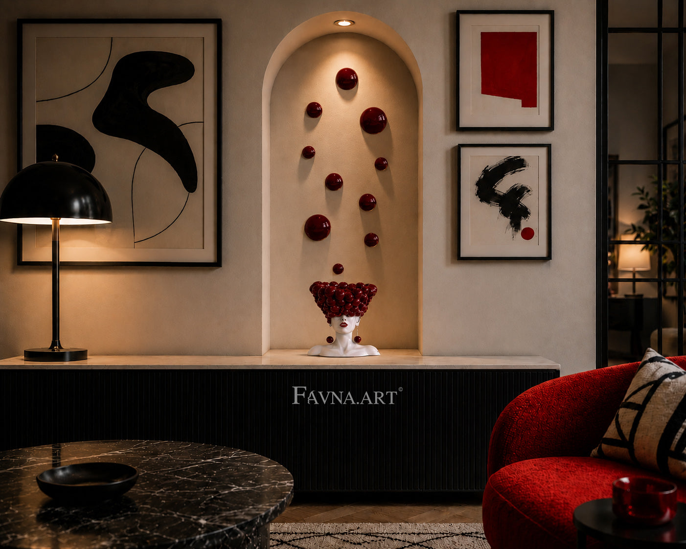 Conceptual sculpture "Thoughts" with bubble wall art – Artistic composition set for living room, red polka dots interior design