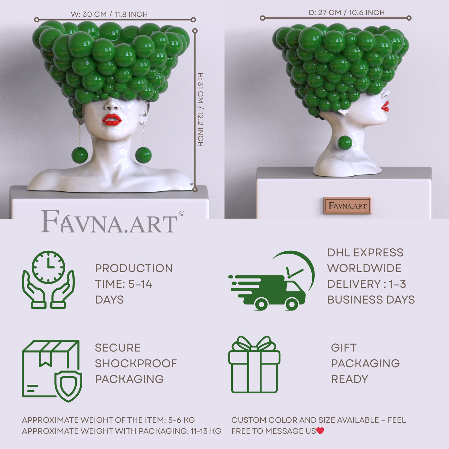 Buste sculptural conceptuel de femme "Pensées" en vert et blanc avec des lèvres rouges