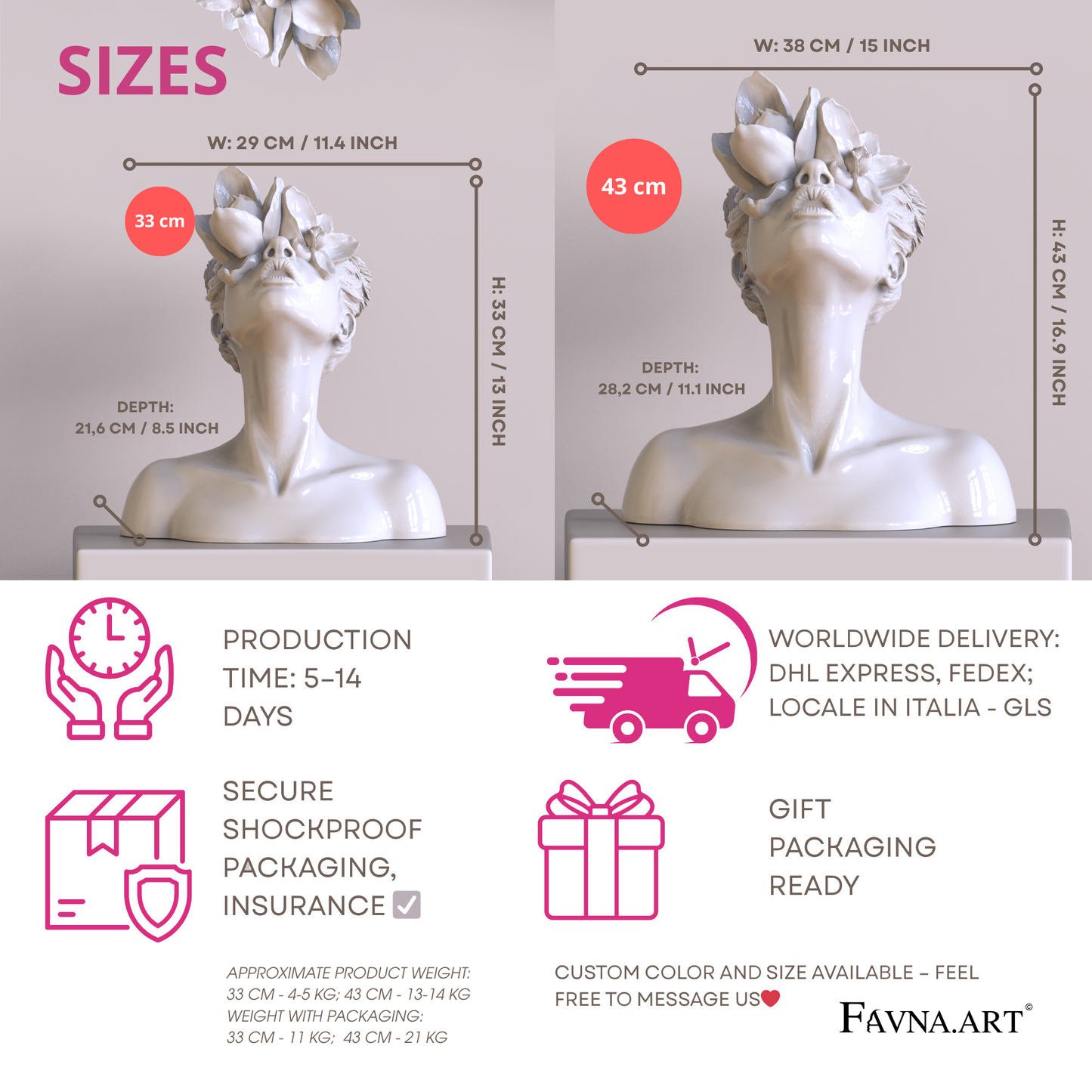 Short delivery and size of white lady with flowers bust "Daughter of Faun" by Favna.Art