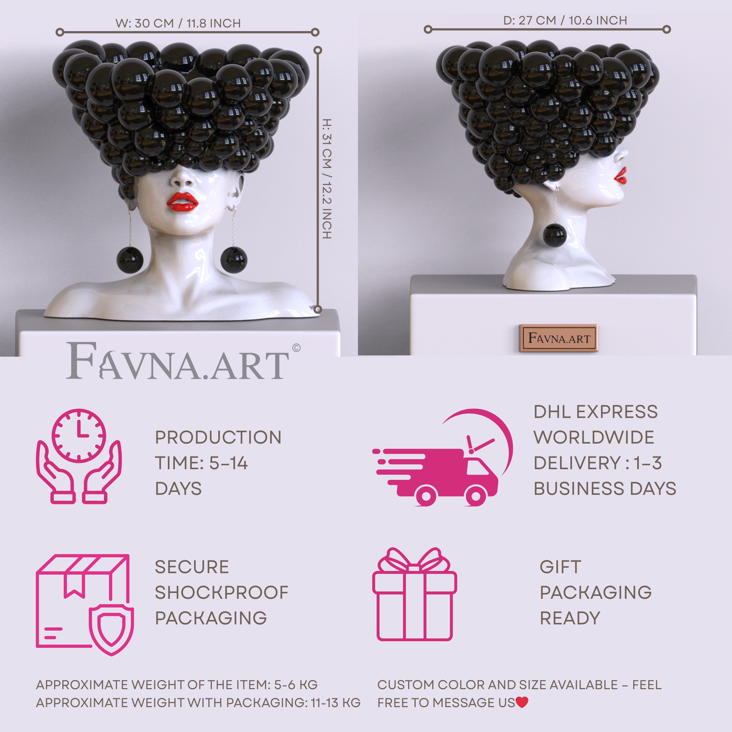 Sculpture of a woman "Thoughts" black and white with red lips