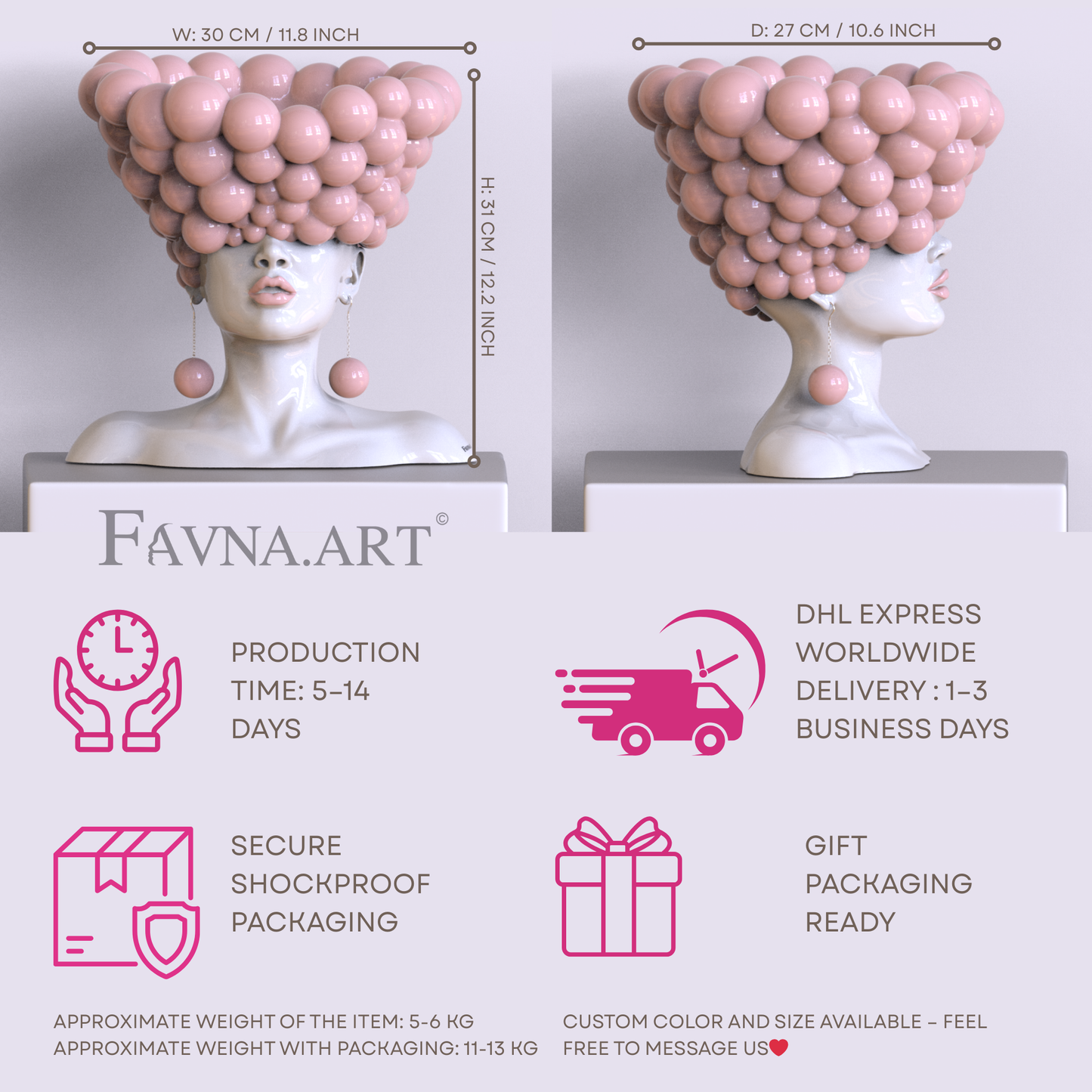 Female figure bust with perfectly shaped geometric cubes"Thoughts" in sky pink and white color by FAVNA ART with packing, size and delivery notes