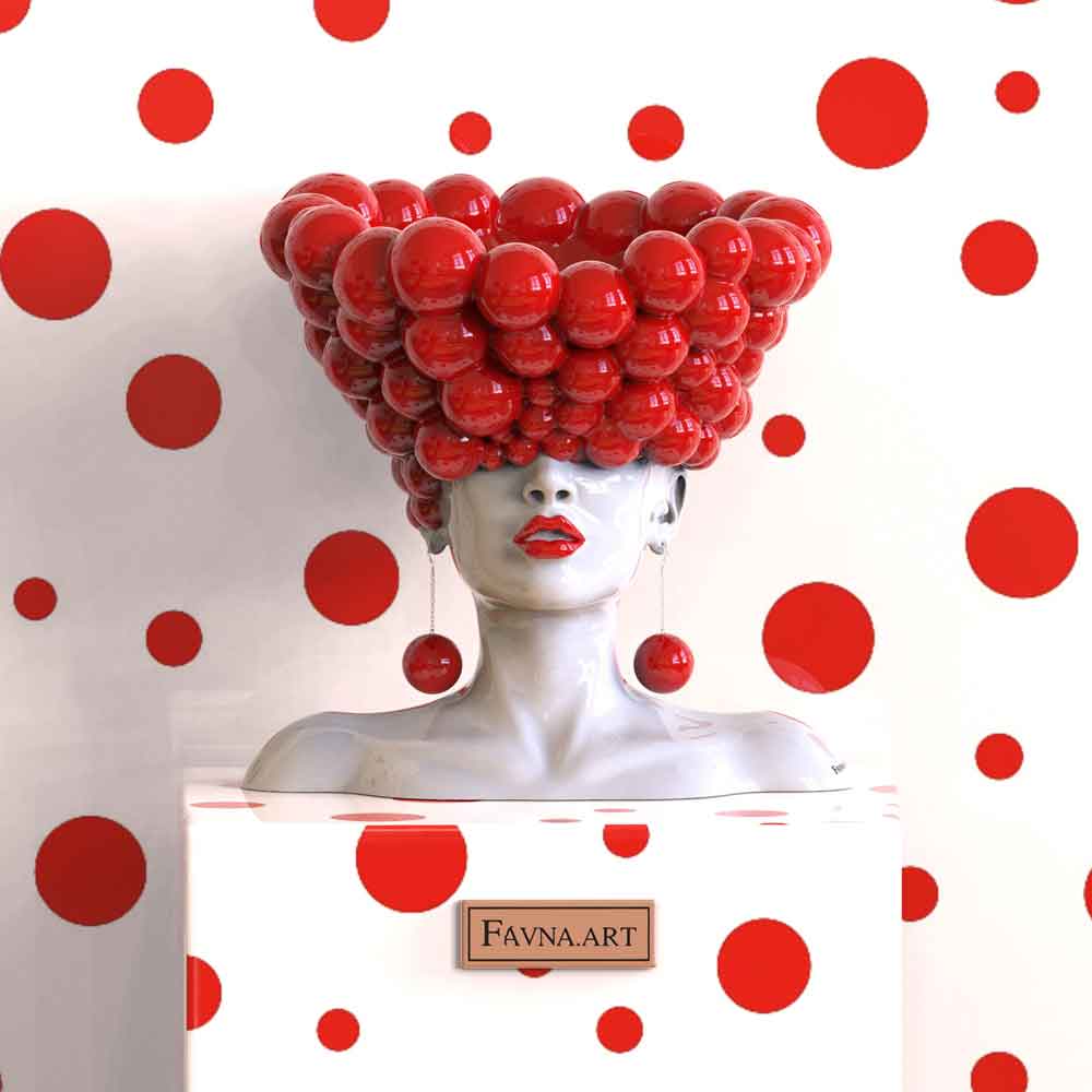 Indoor female statue decoration "Thoughts" with globules in bold red and white color by FAVNA ART.