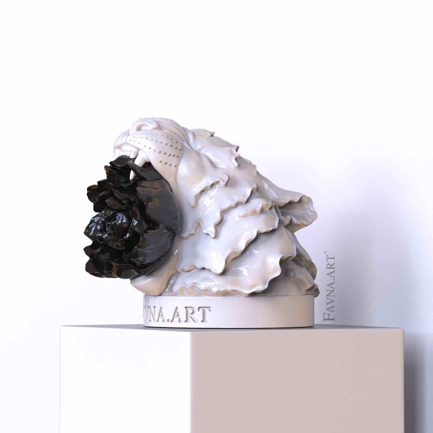 Conceptual figurative art tiger with black flower sculpture by favna art