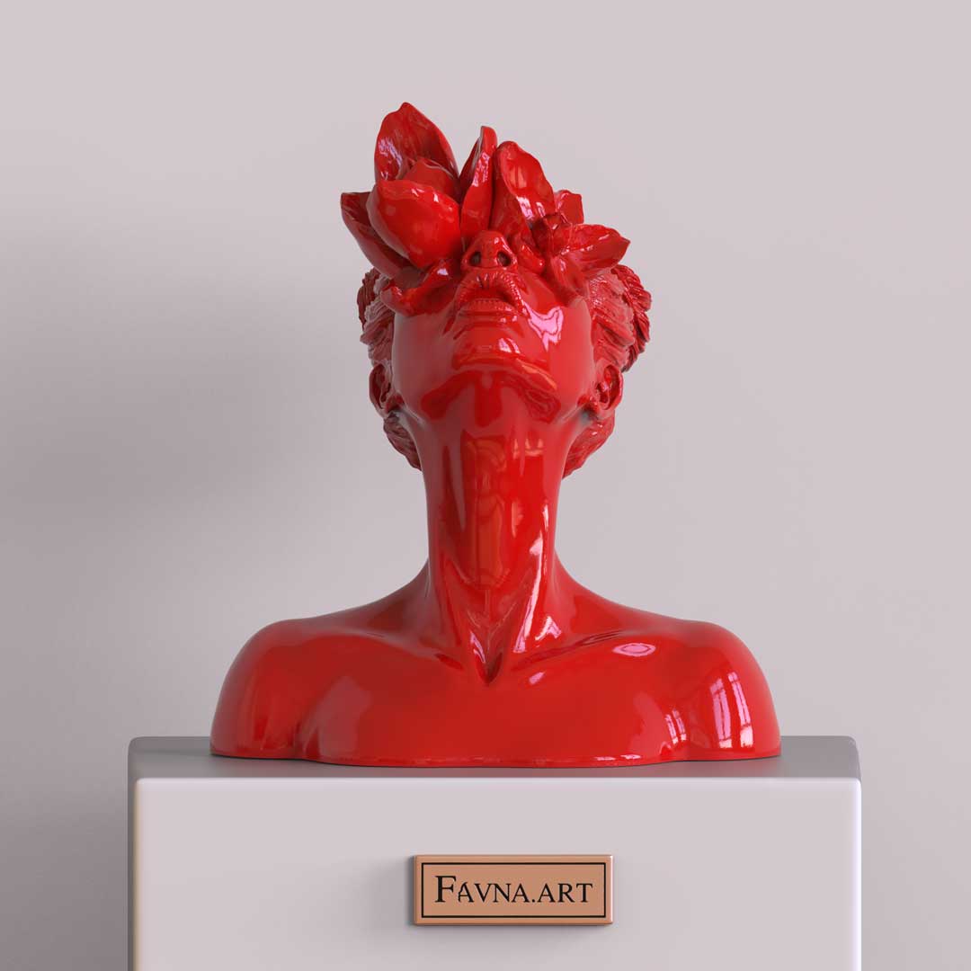 Luxury sculpture of young lady "Daughter of Faun" with flower in vibrant red color by Favna.art