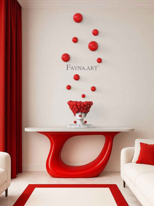 Conceptual sculpture "Thoughts" with bubble wall art – Artistic composition set for living room, red polka dots interior design