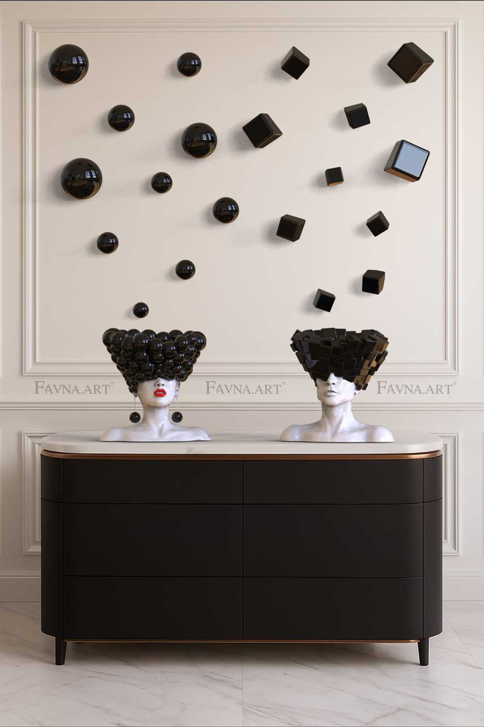 Conceptual Art Object “Thoughts” — Man and Woman Sculptures with Wall Art Spheres and Cubes black