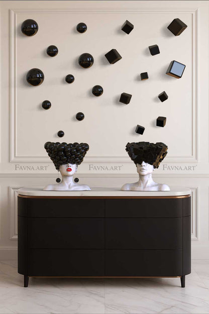 Conceptual Art Object “Thoughts” — Man and Woman Sculptures with Wall Art Spheres and Cubes black
