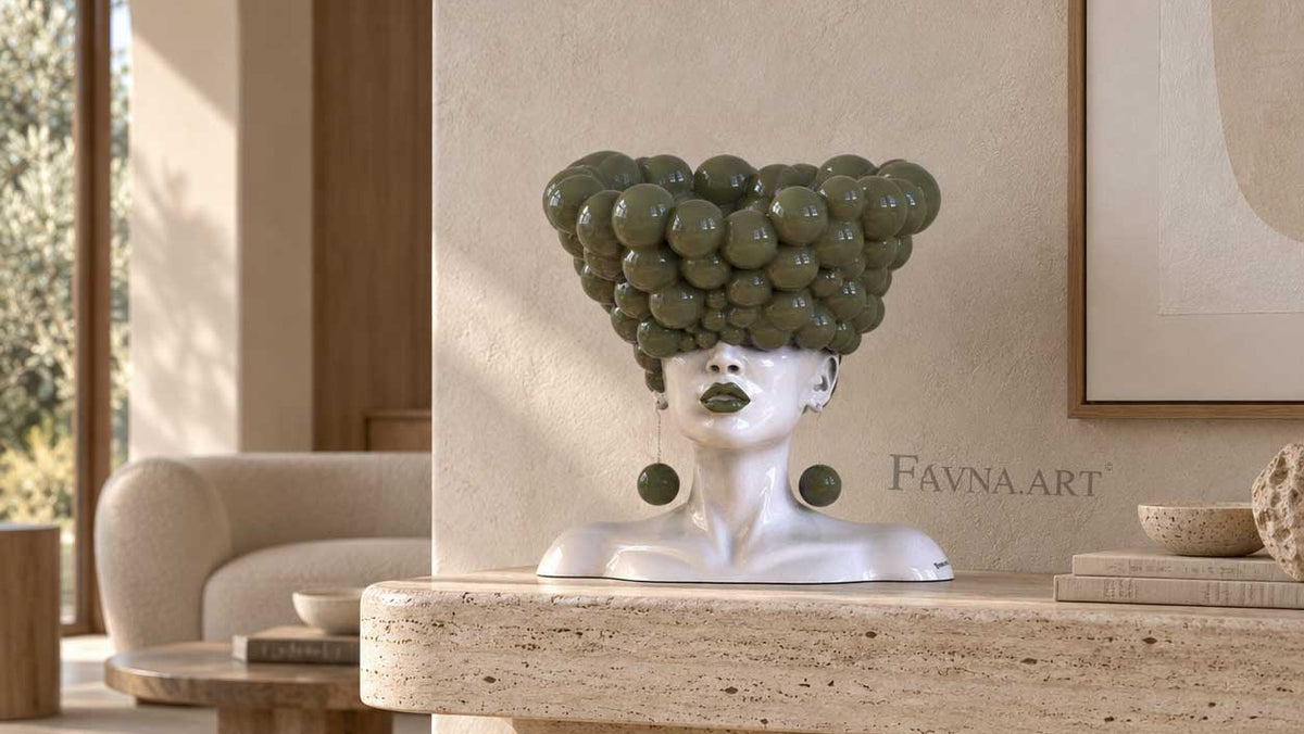 Contemporary female bust sculpture “Thoughts” in glossy white and olive green RAL 6003 by FAVNA.ART.
