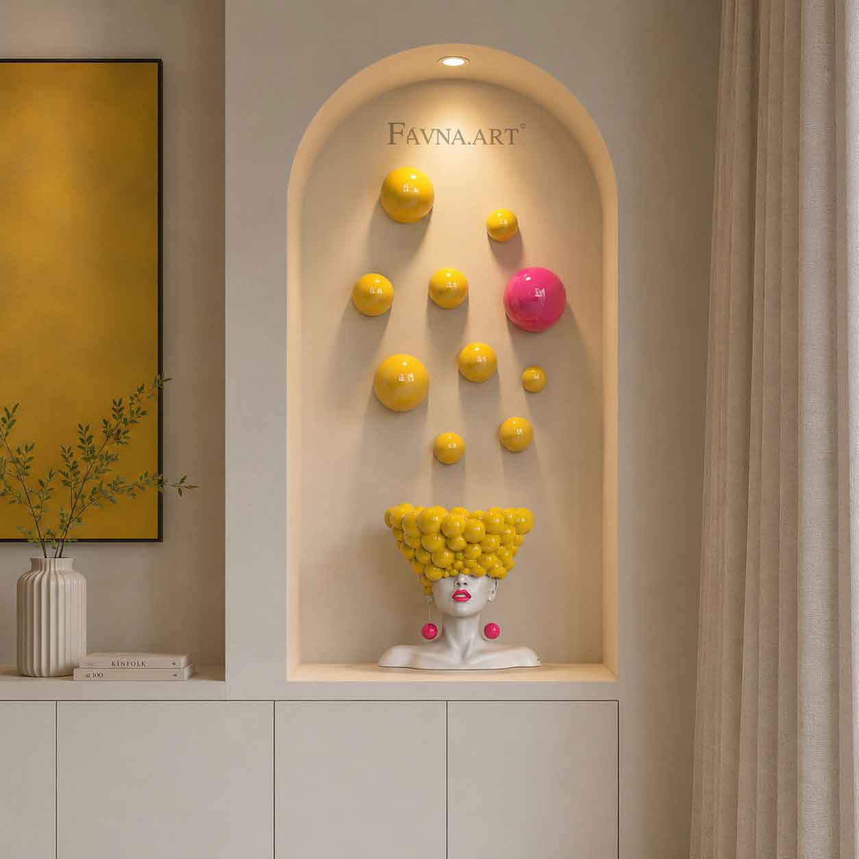 Contemporary female sculpture with yellow & pink wall art hemispheres "Thoughts"