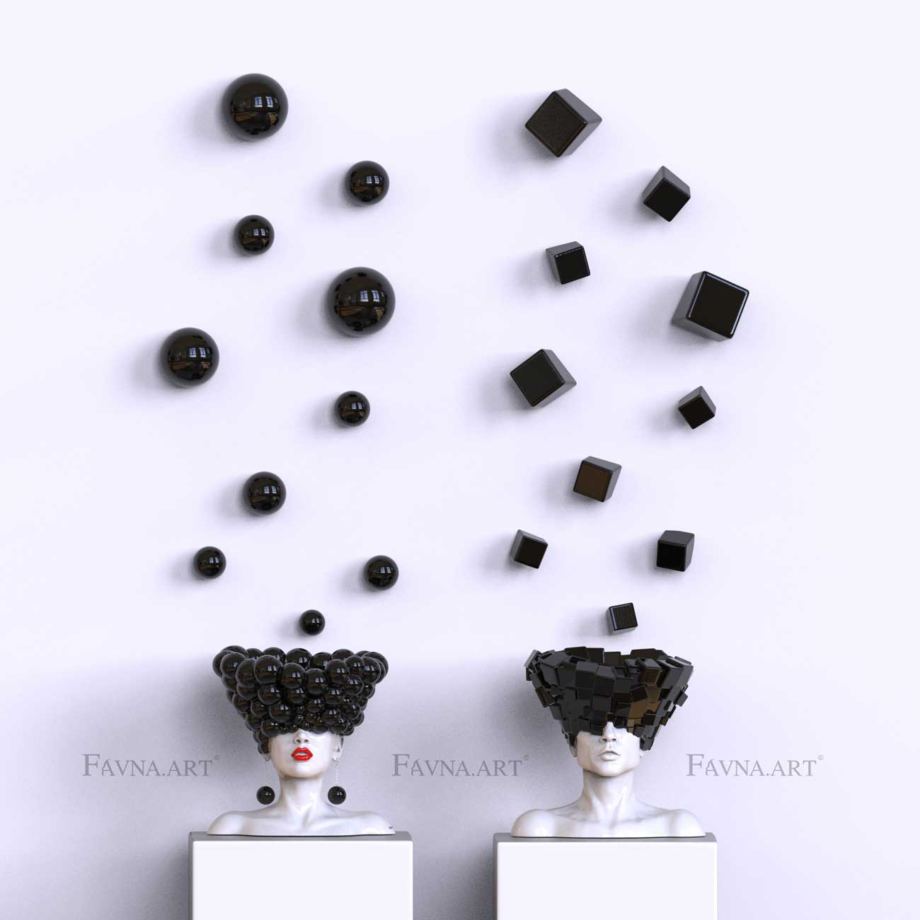 Conceptual Art Object “Thoughts” — Man and Woman Sculptures with Wall Art Spheres and Cubes black