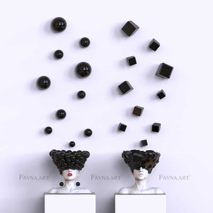 Conceptual Art Object “Thoughts” — Man and Woman Sculptures with Wall Art Spheres and Cubes black