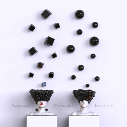 Conceptual Art Object “Thoughts” — Man and Woman Sculptures with Wall Art Spheres and Cubes black