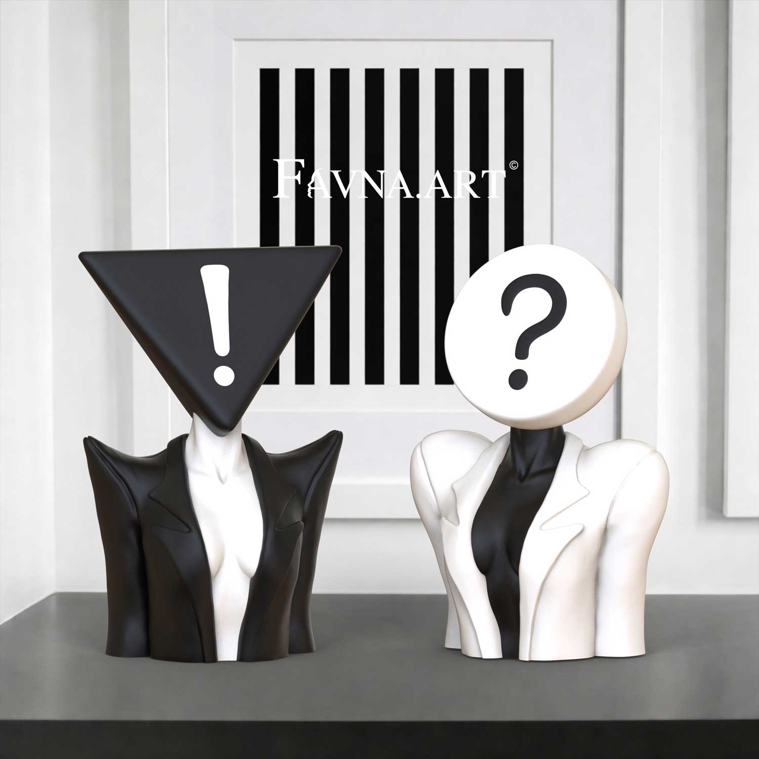 Contemporary lady art bust in shape of question mark and exclamation point by Favna.art