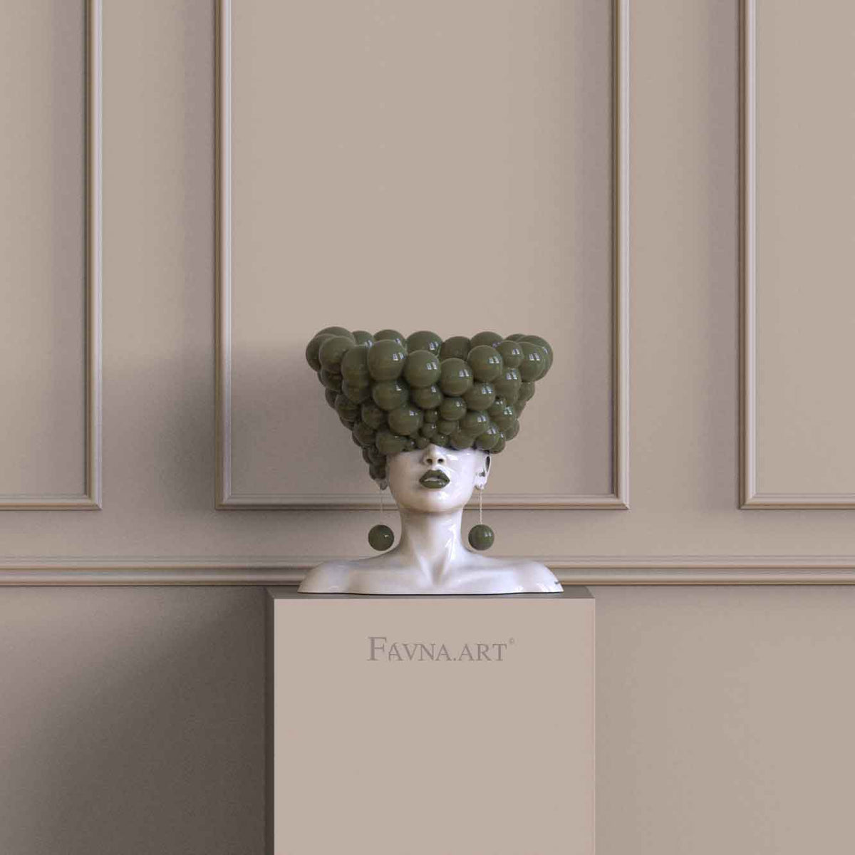 Scultura d’arredo di lusso con busto femminile verde oliva per un interno contemporaneo.
