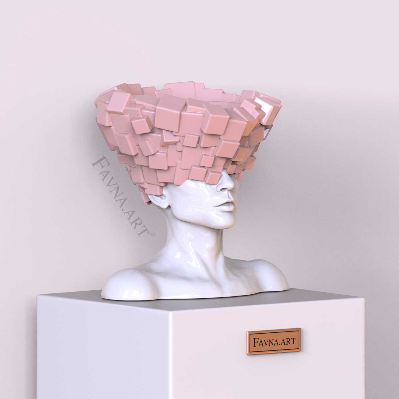 Conceptual Sculpture “Thoughts” — Man. Art Bust, sky pink color