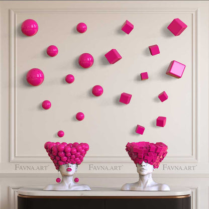 Conceptual Art Object “Thoughts” — Man and Woman Sculptures with Wall Art Spheres and Cubes Barbie pink