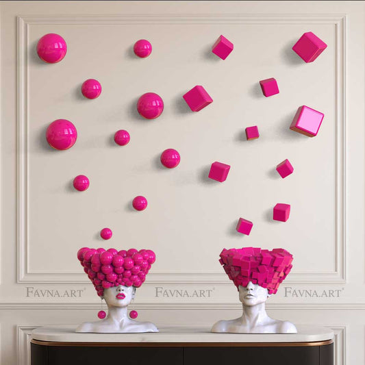 Conceptual Art Object “Thoughts” — Man and Woman Sculptures with Wall Art Spheres and Cubes Barbie pink