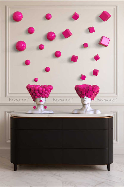 Conceptual Art Object “Thoughts” — Man and Woman Sculptures with Wall Art Spheres and Cubes Barbie pink