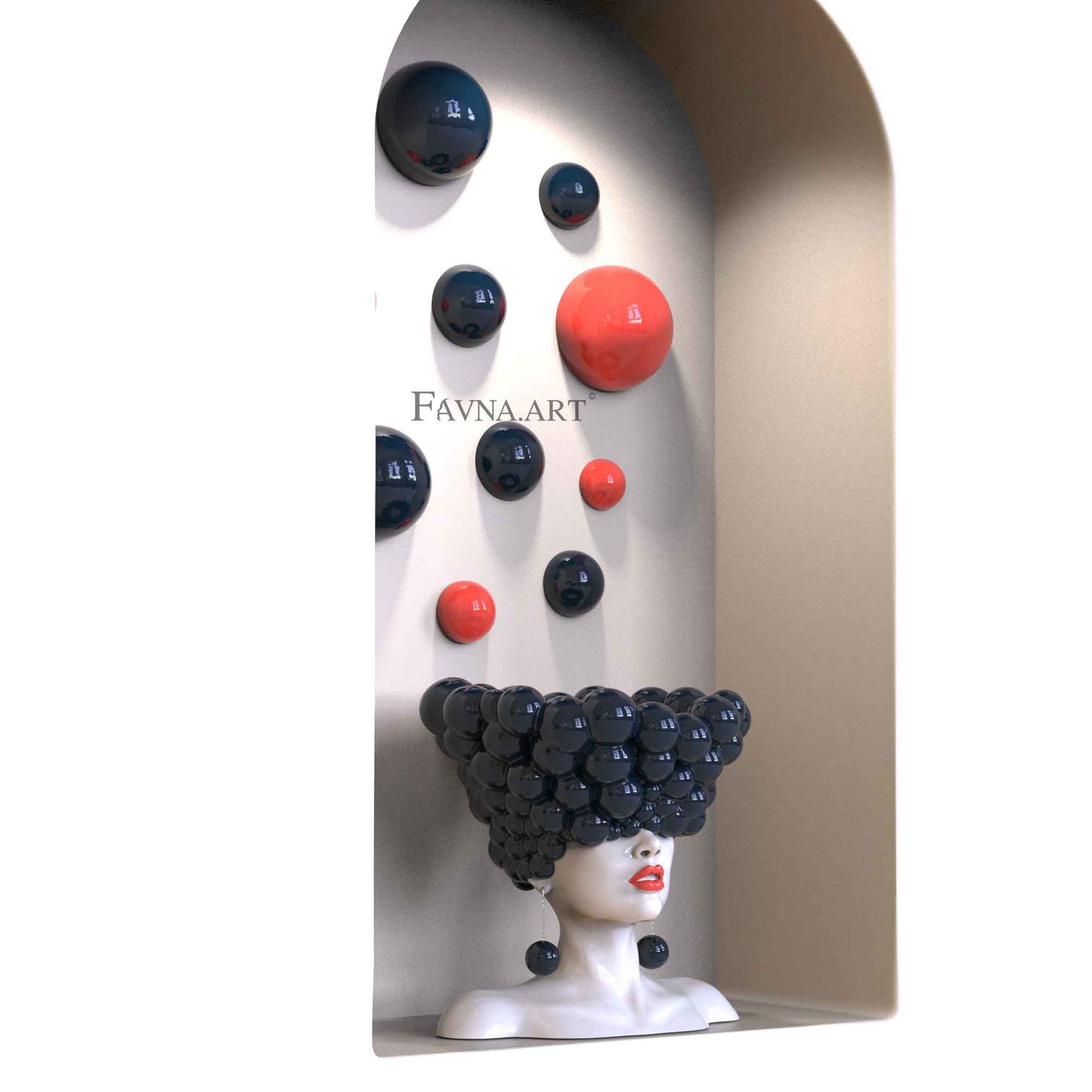 Contemporary sculpture composition “Thoughts” with 10 wall spheres, blue