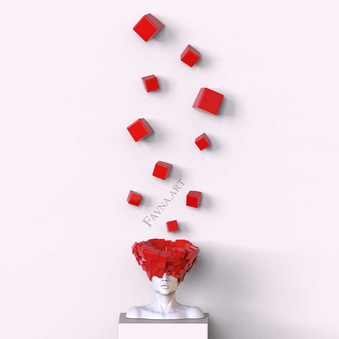 Conceptual sculpture composition “Thoughts” — Man with red wall art cubes