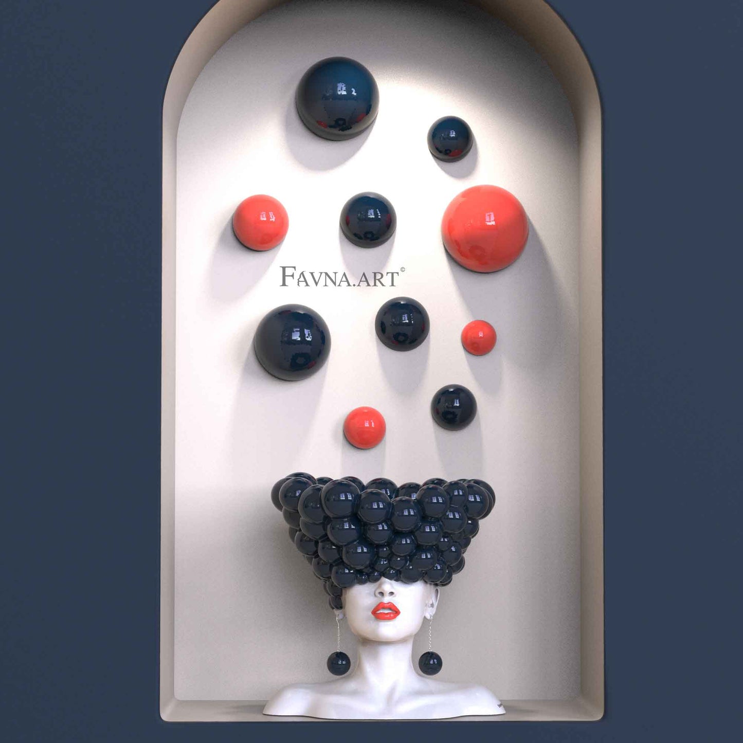 Contemporary sculpture composition “Thoughts” with 10 wall spheres, blue
