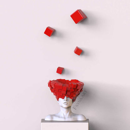 Conceptual sculpture composition “Thoughts” — Man with red wall art cubes