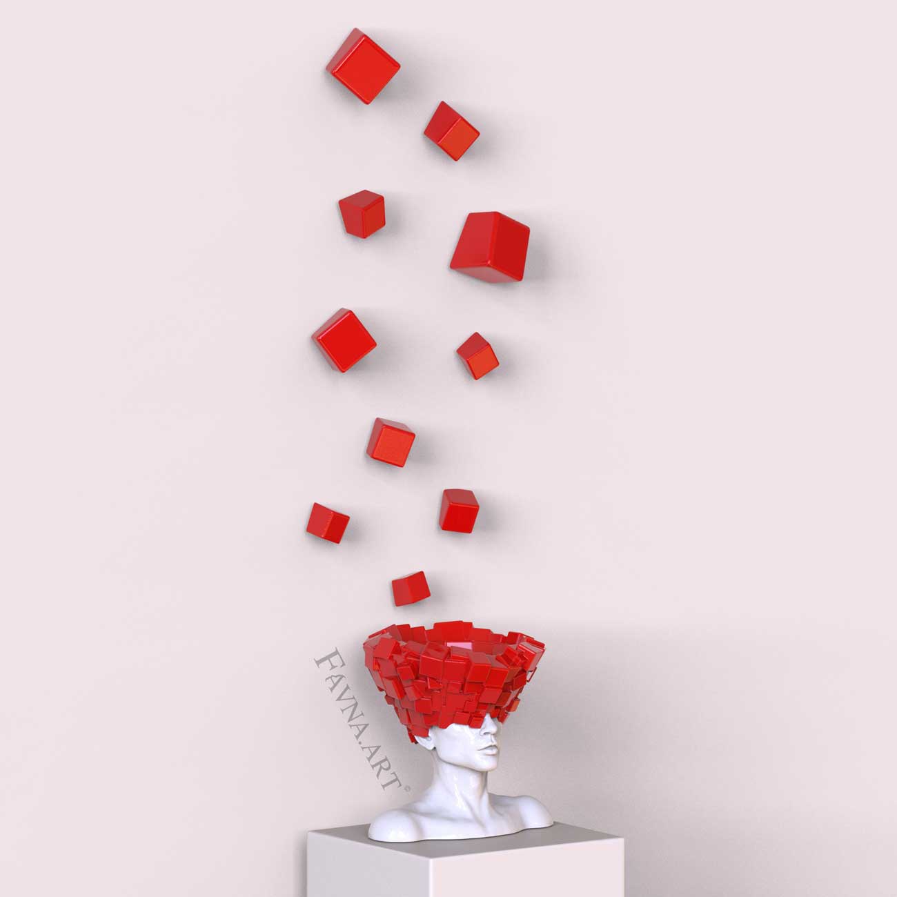 Conceptual sculpture composition “Thoughts” — Man with red wall art cubes