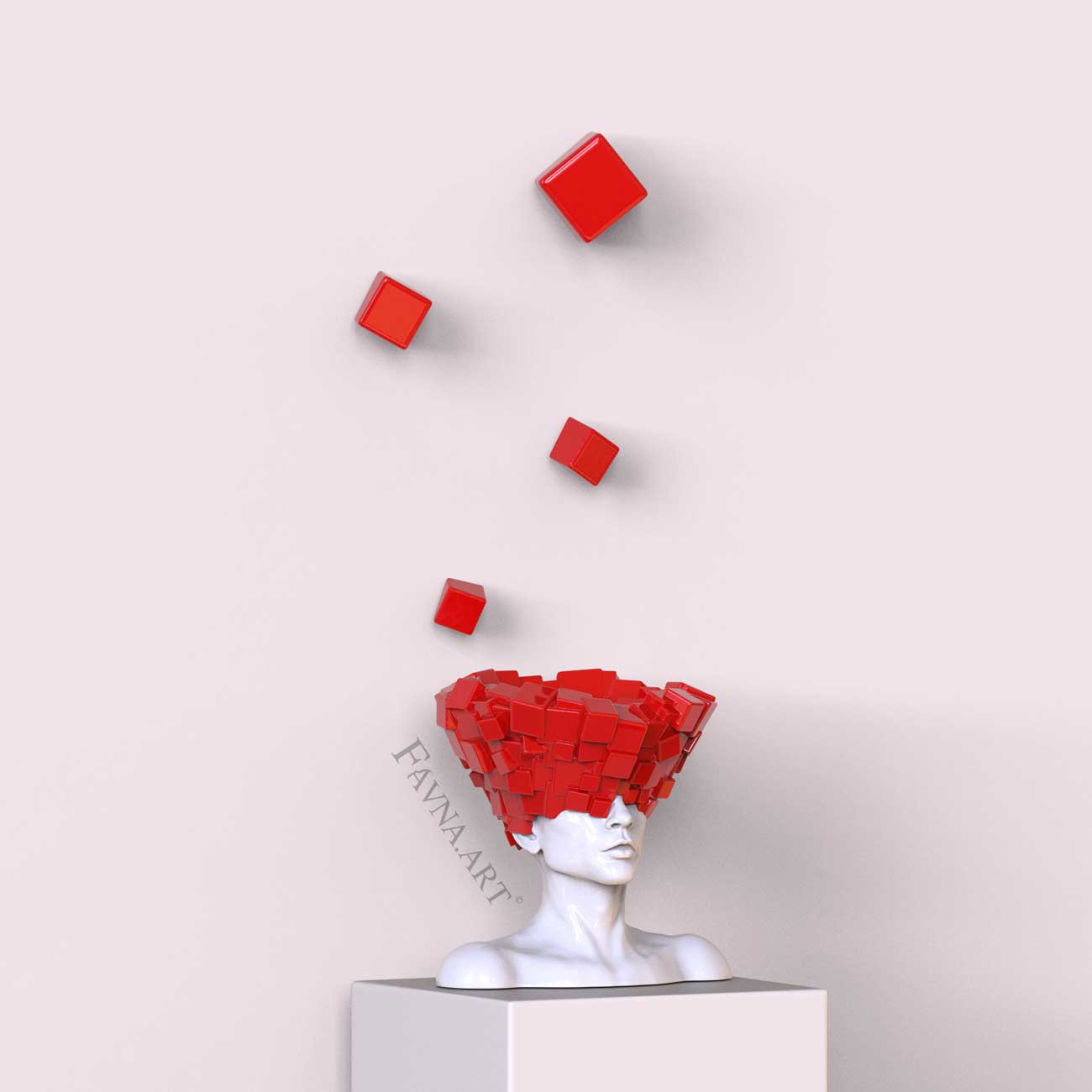 Conceptual sculpture composition “Thoughts” — Man with red wall art cubes
