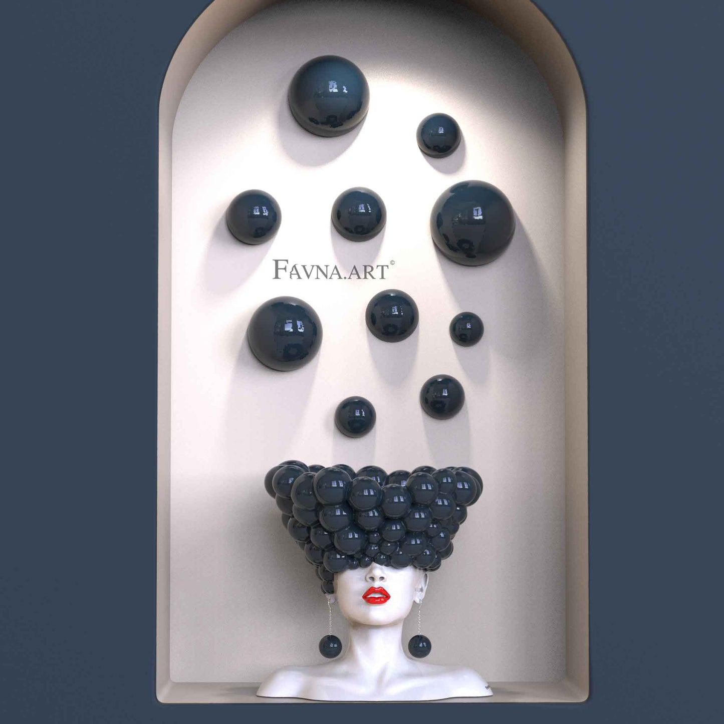 Contemporary sculpture composition “Thoughts” with 10 wall spheres, blue
