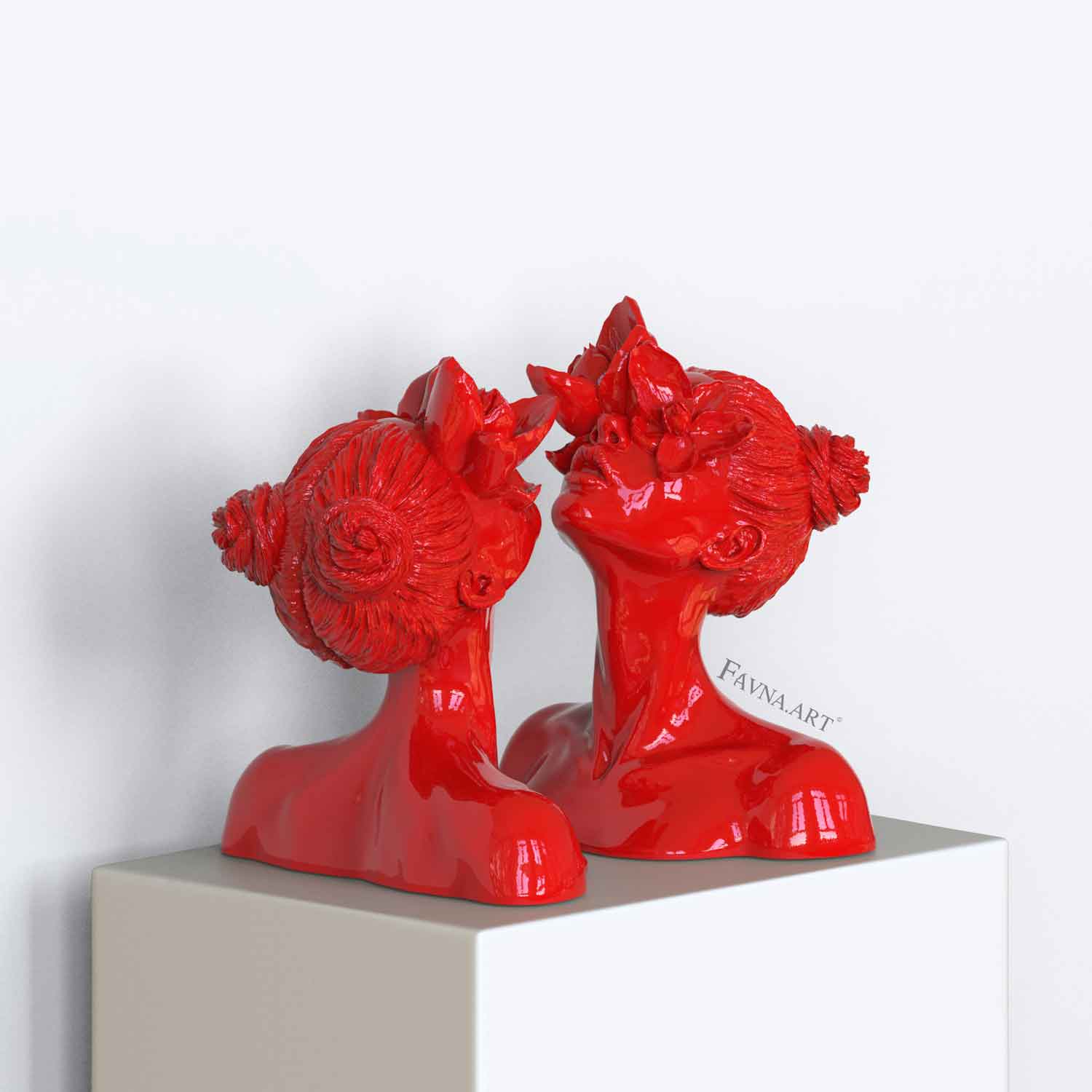 Glossy red interior lady statues "Daughter of Faunus" ensemble handmade in Italy by "Favna.ART"