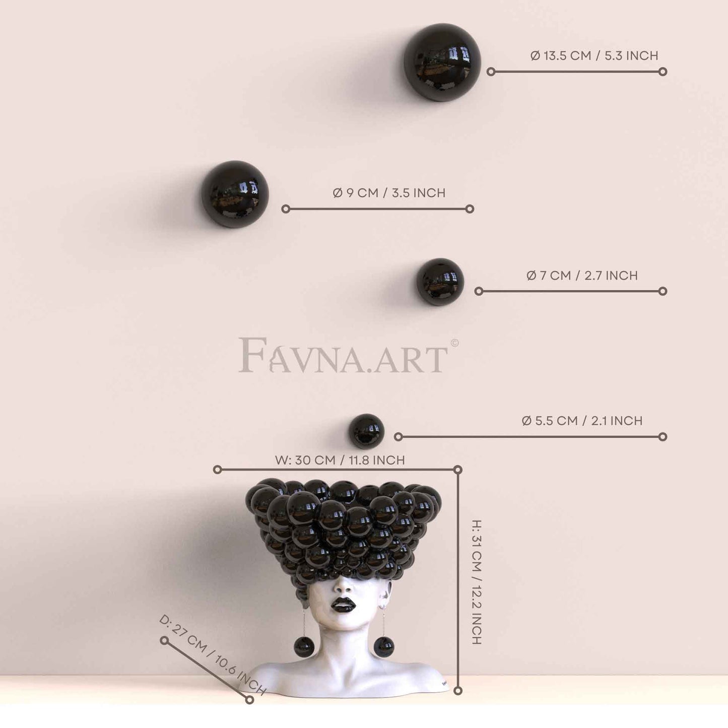 Conceptual Art Composition  “Thoughts”, Black Wall Art- Sculpture and wall-mounted spheres