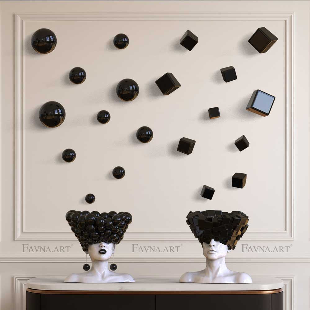 Conceptual Art Object “Thoughts” — Man and Woman Sculptures with Wall Art Spheres and Cubes black