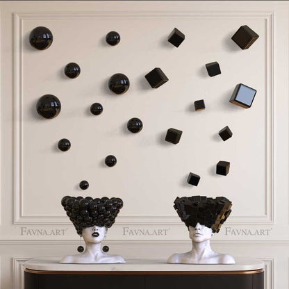 Conceptual Art Object “Thoughts” — Man and Woman Sculptures with Wall Art Spheres and Cubes black