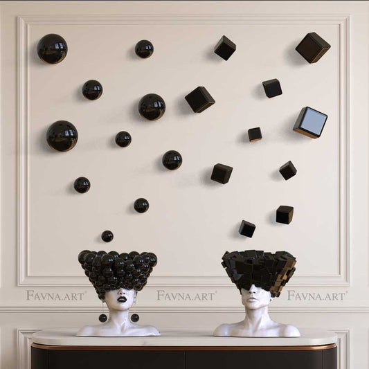 Conceptual Art Object “Thoughts” — Man and Woman Sculptures with Wall Art Spheres and Cubes black